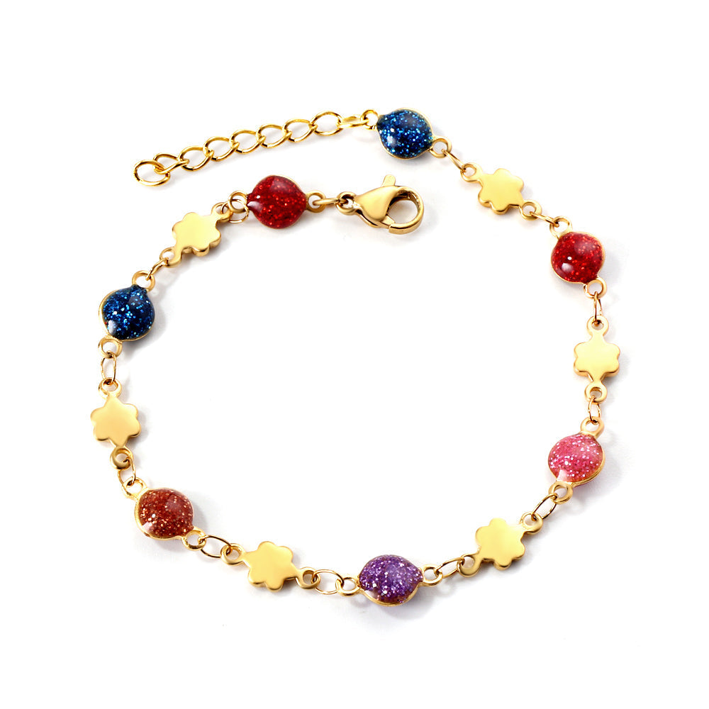 7 mixed color gold sand stones + 6 peach blossom accessories pendant bracelet 17+3cm asonjewelry